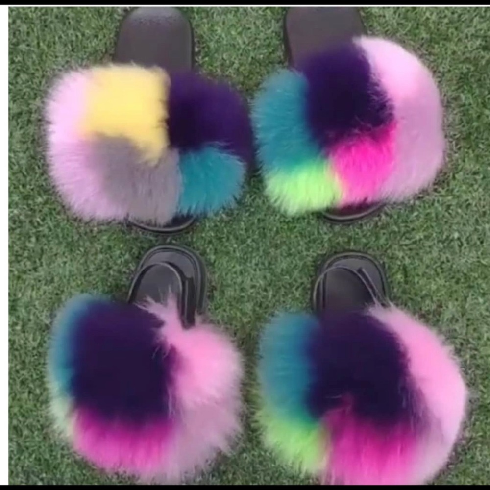 Kids Raccoon & Real Fox Fur slides  (has strap)